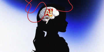black profile of a girl, pony tail, AI, red wire, white brain
