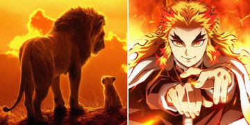 A split-screen of Lion King and Demon Slayer animations.