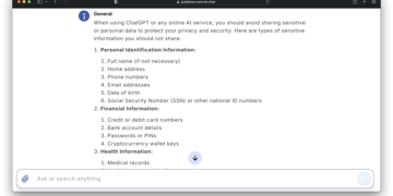 Avoid sharing sensitive data AI response