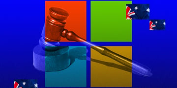 A judges hammer, on the Microsoft Windows logo with patches of the Australian flag.