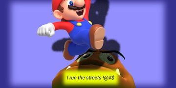 Super Mario jumping on an arrogant goomba.