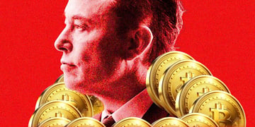 A bust of Elon Musk, amid a load of bitcoins (red background)