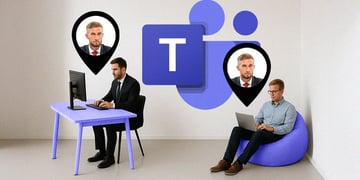 men sits on blue bean bag, man at blue office table, Teams logo