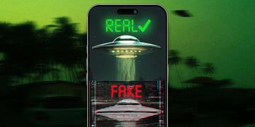 A split-screen phone spotting UFO image that is real and one that is fake.