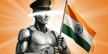 grey silver bot wearing military hat, india flag, orange 