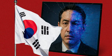 A Korean minister with a cracked screen in a deepfake, next to the South Korean flag.