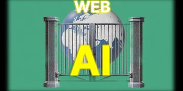 grey gate, earth behind it, AI yellow sign, green background