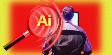 ai in magnifying glass, man at computer desk, red and yellow background