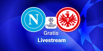 Neapel vs. Frankfurt CL 2025, Team Logos, Champions League, blauer Hintergund