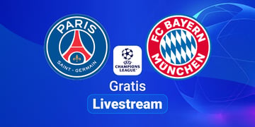 PSG vs Bayern Team Logos, Champions League, blauer Hintergund