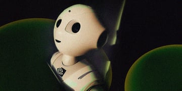 White bot bust, black eyes, nvidia logo in front, two green bubbles, black background