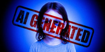 girl with brouse under left eye, blue shirt, blue light, black background, AI generated