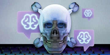 A laptop's screen with a skull