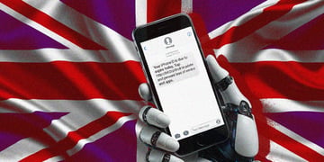 uk flag, white plastic humanoid hand hol phone with sms message