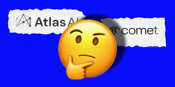 yellow wondering emoji, hand on cheek, comet and atlas logos, blue background