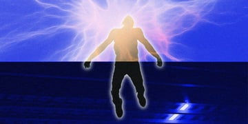 A silhouette being beamed up to space.