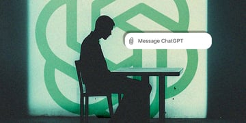 A lonely silhouette about to message ChatGPT with the OpenAI logo in green, in the background.