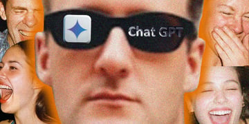A man wearing sunglasses with logos of ChatGPT and Gemini on them