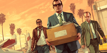 grand theft auto characters in suit carry boxes and are fired, california evening, palm trees