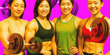 Athletic Japanese girls with dumbbells.
