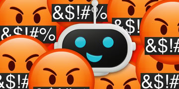 A robot surrounded by angry faces