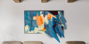 Modern painting, art, on a bright wall leaking via lower corner to represent a data leak