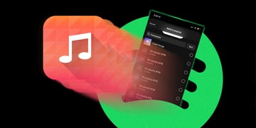 playlist on spotify, dark smartphone screen, white music note in red square