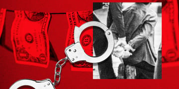 silver handcuffs, man arrested on his knees in black and white, dollars in red light