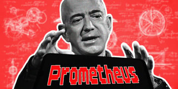 numbers, drawings in white, red background, jeff bezos in black and white, red prometheus sign