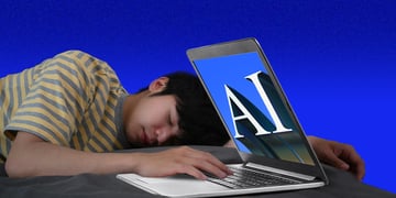 asian man in stripped t-shirt in yellow and pink sleeps on desk with laptop open, AI white sign