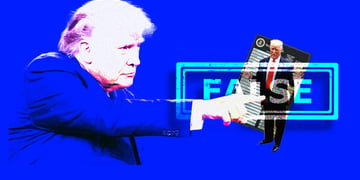 trump in blue suit points finger to trump in black suit and red tie, false sign