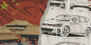 volkswagen can drawn with pen on rigt, on left china flag