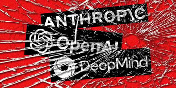 The logos of Anthropic, OpenAI, and Google DeepMind on a red background