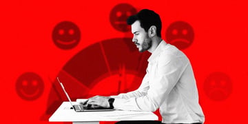 Man in white shirt, happiness scale, office work, white desk