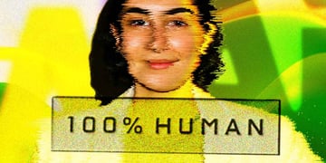A woman's face and words "hundred percent human"