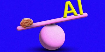 Balance scales with the brain on one side and letters AI on another
