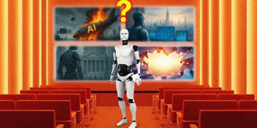An AI bot with four comic book style scenarios including devastation and success.