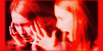 Two images of a distressed woman on a red background