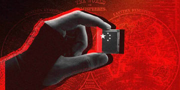 shadowy hand holds black chip, china stars on it, red background,