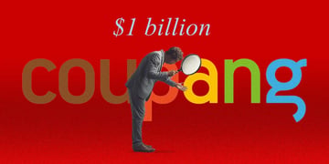 Suited man looking through magnifying glass at his hand, red background, coupang logo