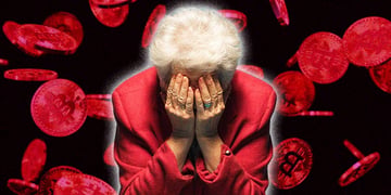 grey hair, old female face in hands, red crypto coins, black background, red jacket