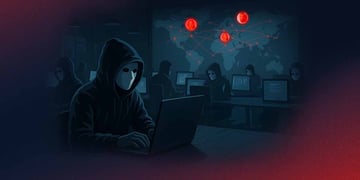 A shady group of cyber criminals in a shadowy warehouse.