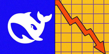 Splitscreen of the Deepseek AI logo and a negative trend on a graph.
