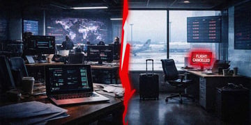 A split-screen of a tech workers office, and a flight cancelled warning.