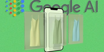 salad green background, gold and blue strap dress, phone, Google AI logo
