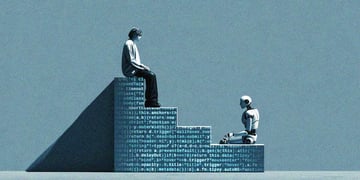 A human sitting on top of pedestal looking down on a robot; human vs artificial intelligence (AI)