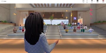 vortual 3d meeting, black hair, baby blue jacket, wooden auditorium