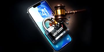 The Verizon logon on a padlock, on an iPhone getting smashed by a judges hammer.