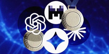 medals with big AI company logos, like Chat gpt. blue background