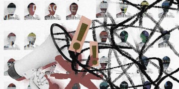 Exclamation marks coming from a megaphone, anonymous users on the background